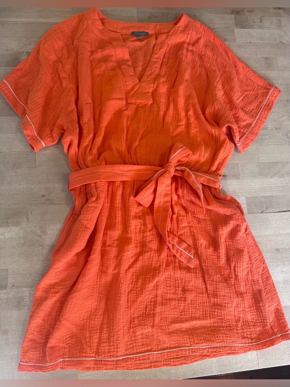 Lilla P Belted Split Neck Dress cotton gauze in orange